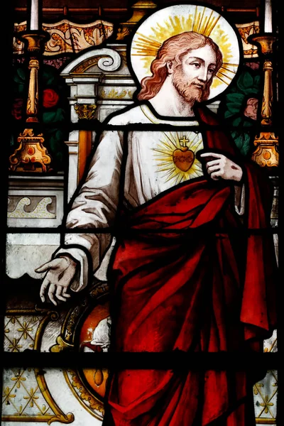 Nantua Abbey Stained Glass Window Jesus Sacred Heart Nantua France — Zdjęcie stockowe