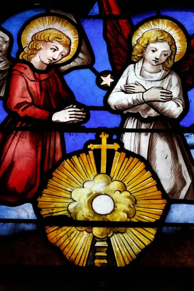 Nantua Abbey Stained Glass Window Blessed Sacrament Monstrance Surrounded Angels — Zdjęcie stockowe