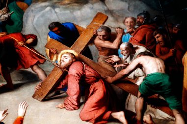 Dreux Kraliyet Şapeli. Sevres porselen fabrikasının yanındaki gotik cam. İsa 'nın Tutkusu. Geçiş yolu. Dreux. Fransa. 