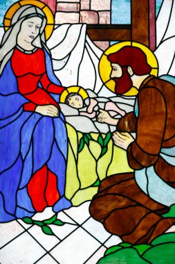 Kutsal Tespih Kilisesi. Lekeli cam pencere. İsa 'nın doğuşu. Sapa. Vietnam. 