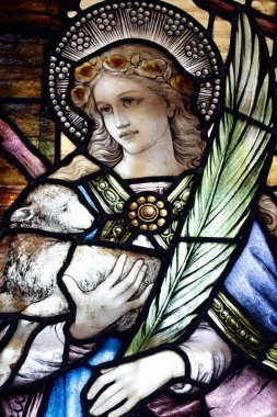 Cua Bac Katolik Kilisesi. Lekeli cam pencere. Roma 'lı Agnes, Roma Katolik Kilisesi' nde bir aziz olarak saygı duyulan bakire bir şehit. Hanoi. Vietnam. 