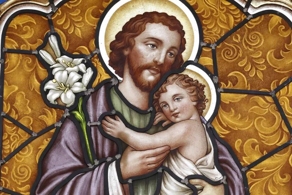 Άγιος Ιωσήφ Τον Βρεφικό Χριστό Στην Αγκαλιά Του Γυαλί Ασφαλείας — Φωτογραφία Αρχείου