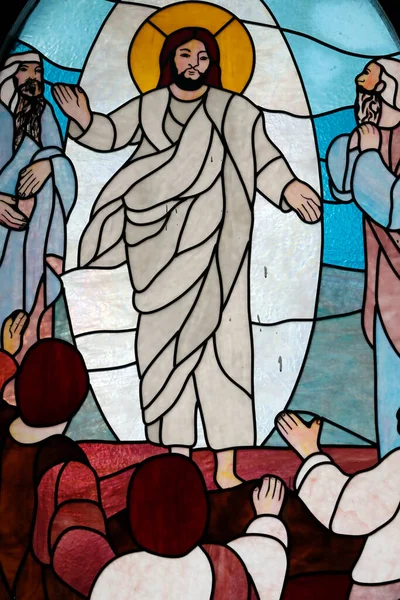 Holy Rosary Church Stained Glass Window Jesus Sermon Mount — Stock Photo, Image