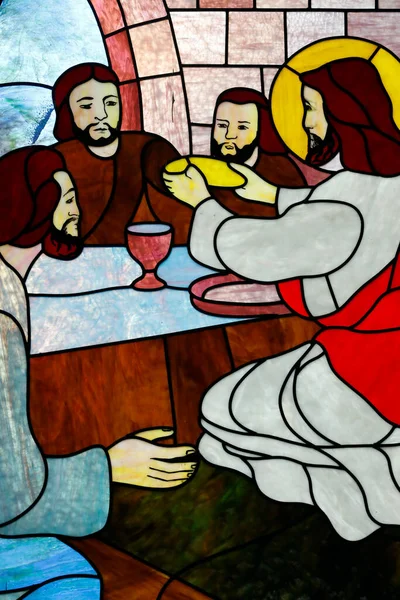 스러운 스테인드글라스 마지막 만찬이다 예수님 예루살렘에서 사도들 과나누 마지막 식사는 — 스톡 사진