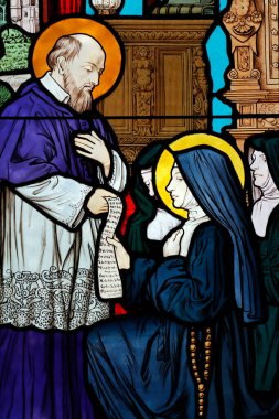 Aziz Honore d 'Eylau Kilisesi. Lekeli cam pencere. St Francis de Sales ve Jane Frances de Chantal. Paris mi? Fransa. 