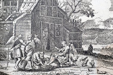  Eski İncil 'deki Tarihi İllüstrasyon. 18. yüzyıl. İbrahim ve Üç Melek. Fransa. 