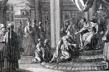 Eski İncil 'deki Tarihi İllüstrasyon. 18. yüzyıl. Eski Ahit. Esther. Fransa. 