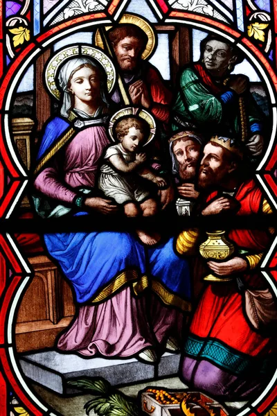 Catedral Chambery Vidro Manchado Natividade Adoração Menino Jesus Pelos Três — Fotografia de Stock