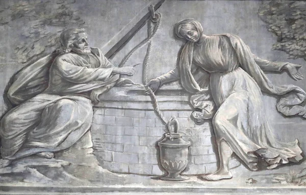 Кафедральний Собор Стіна Малює Ісус Самарянка Біля Колодязя Франція — стокове фото