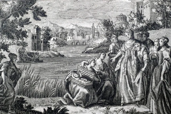古い聖書の歴史的イラスト 18世紀だ 旧約聖書 モーセの発見 フランス — ストック写真