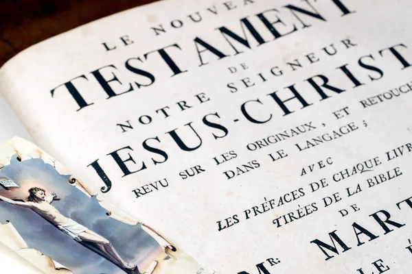 Régi Biblia Franciául Század Újszövetség Szent Kép Jézussal Franciaország — Stock Fotó