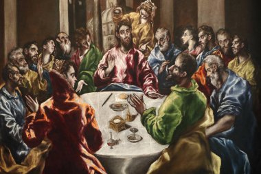 Simon 'daki yemek. Caneva 'da yağ. Ayrıntılar. El Greco (1540-1614) adlı Domenikos Theotokopoulos 'un resmi. Fransa. 