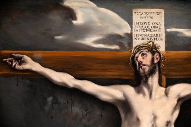 Çarmıha gerilmiş İsa. Caneva 'da yağ. Ayrıntılar. El Greco (1540-1614) adlı Domenikos Theotokopoulos 'un resmi. Fransa. 