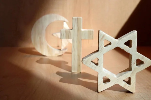 Cristianesimo Islam Ebraismo Religioni Monoteiste Stella Ebraica Croce Mezzaluna Simboli — Foto Stock