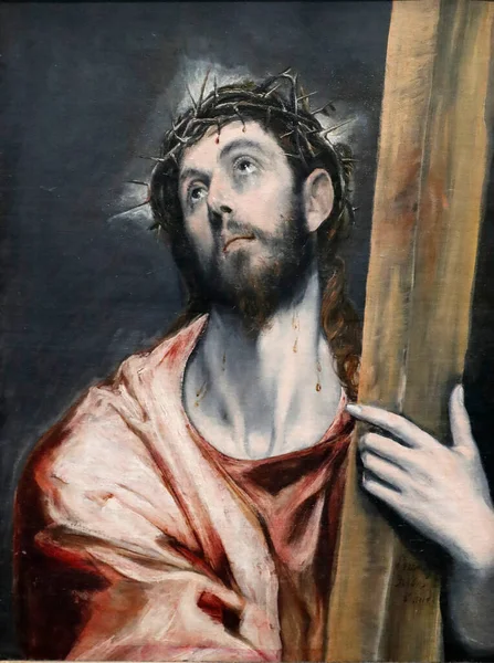 Christus Met Het Kruis Olie Caneva Detail Schilderij Van Domenikos — Stockfoto