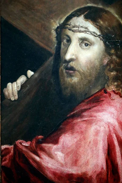Pintura Que Representa Cristo Cargando Cruz Óleo Sobre Caneva Detalle —  Fotos de Stock
