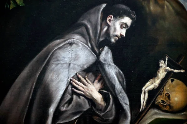 Saint Francis Berdoa Minyak Caneva Detailnya Lukisan Karya Domenikos Theotokopoulos — Stok Foto