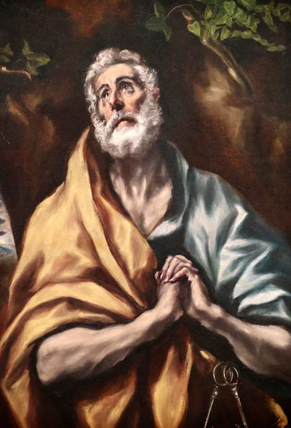 Saint Pierre Repentant Huile Sur Caneva Détail Peinture Domenikos Theotokopoulos — Photo