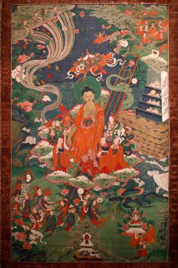 Buddha Shakyamuni ve Adorants Meru Dağı 'nda. Thangka. Tibet. 19. yüzyıl. Paris mi? Fransa. 