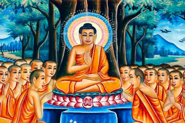 Siddhartha Gautama 'nın hayatı, Shakyamuni Buddha. Öğrencileri olan Buda, öğretmenlik yapıyor. Kep. Kamboçya. 