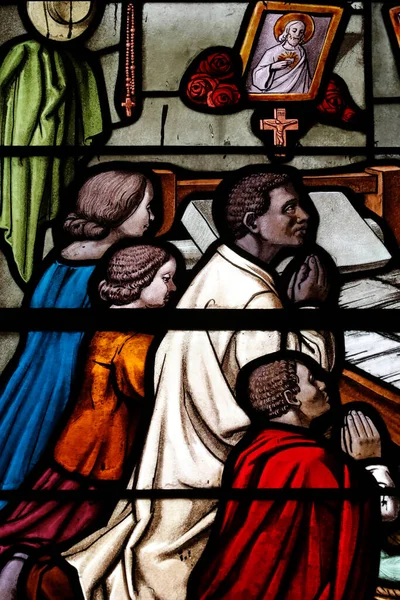 Catedral Antsirabe Vidriera Niños Rezando Madagascar —  Fotos de Stock