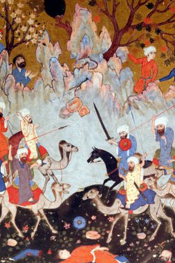 İslam Sanatları Müzesi. Taslağın sanatsal süslemeleri. Resimli yaprak Nizami 'nin aydınlanmış el yazması Khamsa' sı. Safevi İran. 16. yüzyıl. Kuala Lumpur. Malezya. 