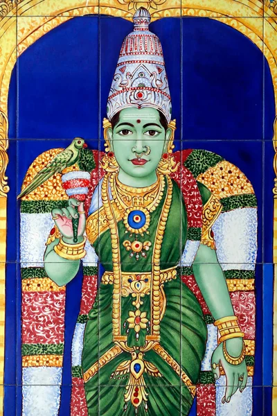 Templo Hindú Sri Mahamariamman Diosa Hindú Meenakshi Con Loro Verde — Foto de Stock