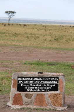 Kenya ve Tanzanya sınırını gösteren yol işareti. Masai Mara Ulusal Parkı. Kenya. 