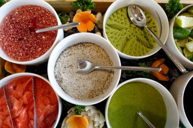 Japanese restaurant. Wasabi, pepper, ginger, vinegar. Ho Chi Minh City. Vietnam. 