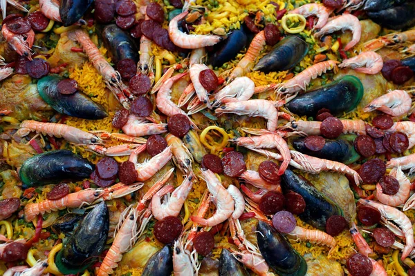 Традиційна Валенсійська Паелья Тарілці Морська Їжа Рис — стокове фото