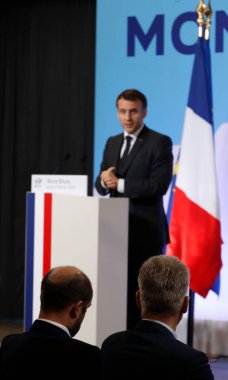 Fransa Cumhurbaşkanı Emmanuel Macron. Basın toplantısı. Saint-Gervais les Bains. Fransa. 