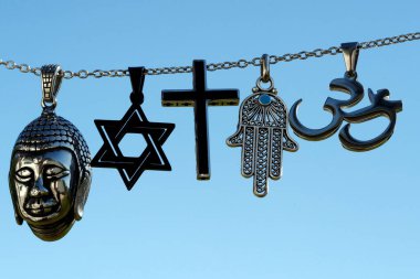 Dini semboller. Hıristiyanlık, İslam, Yahudilik, Budizm ve Hinduizm. Dinler arası diyalog.  