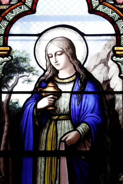 Saint Francis Sales Church Stained Glass Window Maria Magdalena Geneva — Stock Photo, Image