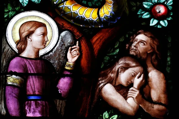 Bazylika Matki Bożej Genewskiej Witraże Adam Ewa Wygnani Raju Genewa — Zdjęcie stockowe