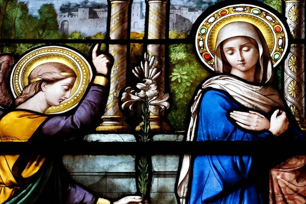 Bazilika Panny Marie Ženevské Skleněné Okno Scéna Zvěstování Ženeva Švýcarsko — Stock fotografie
