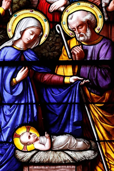 Basilika Unserer Lieben Frau Von Genf Bleiglasfenster Krippe Heilige Familie — Stockfoto