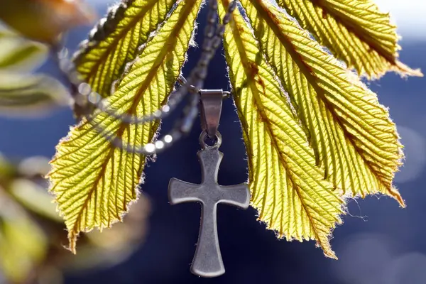 Baharda Yeşil Kestane Yaprağının Üzerinde Haç Olan Kolye Dini Sembol — Stok fotoğraf