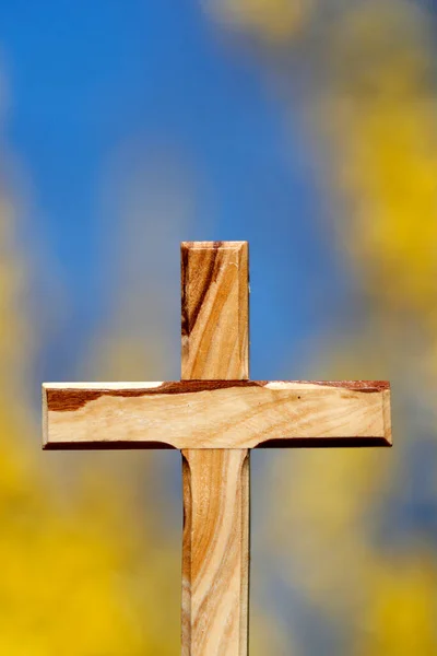 Croce Cristiana Contro Fiori Ginestra Gialli Simbolo Religioso — Foto Stock