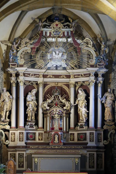 该祭坛的日期为1731年 由奥地利皇帝费迪南德六世的雕塑家让 巴普蒂斯特 Jean Baptiste Bozzo 雕刻和绘画 施洗者圣约翰教堂 Megeve — 图库照片