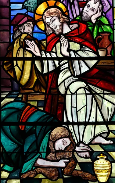 Sankt Maurice Kyrka Fönster Målat Glas Mary Magdalens Smörjelse Borta — Stockfoto