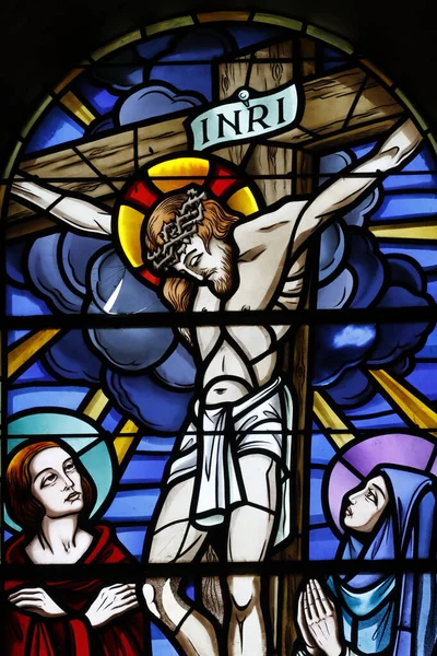 Igreja Saint Maurice Vidro Manchado Crucificação Jesus Cruz Thones França — Fotografia de Stock