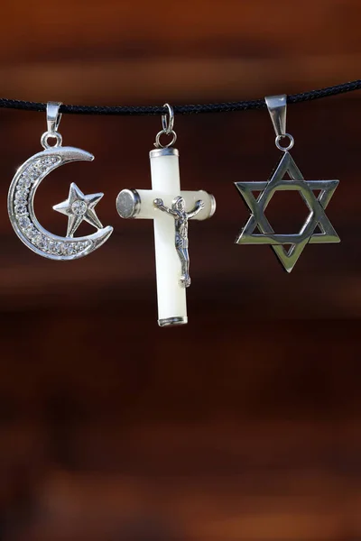Náboženské Symboly Křesťanství Islám Judaismus Monoteistická Náboženství Dialog Mezi Náboženstvími — Stock fotografie