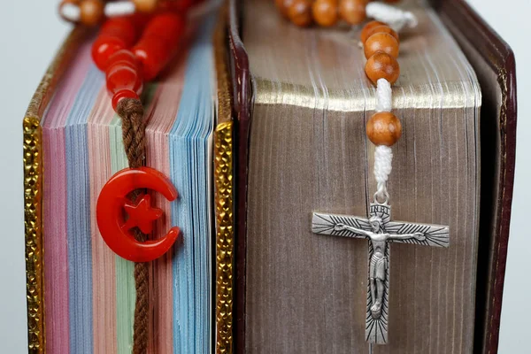 stock image Religious symbols. Quran, bible and prayer beads. Christianity, Islam. Interfaith dialogue.  France. 