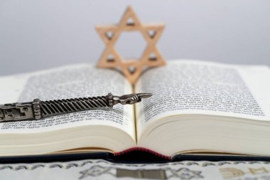 Gümüş bir Yad Yahudi ritüel işaretçisi, bir Yahudi yıldızı veya Davut 'un yıldızı ve bir Tevrat. Yahudi sembolleri. Dini sembol. 