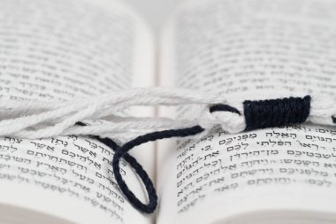 Tevrat 'ta Sephardi tarzında siyah beyaz tzitzit düğümlenmiş. Dini sembol. 
