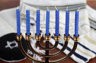 Menorah, tallit, kippah  and Torah. Jewish symbols.   clipart