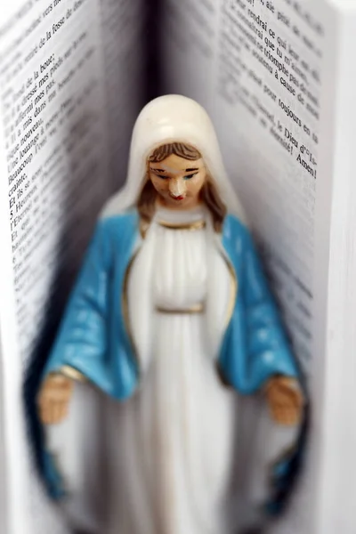 Estátua Virgem Maria Contra Uma Bíblia Aberta França — Fotografia de Stock
