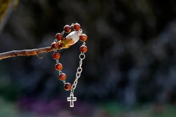 Karkötő Egy Kereszttel Egy Gesztenyebimbón Vallási Szimbólum — Stock Fotó