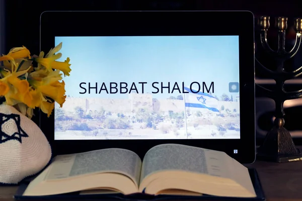 stock image France Television on Ipad.  Jewish TV show. The paths of faith. Shabbat Shalom. France. 