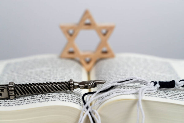 Серебряный еврейский ритуальный указатель Яда, еврейская звезда или звезда Давида и Тора. Еврейские символы. Религиозный символ. 